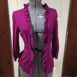 Fuschia colored cardigan with ruffle neck